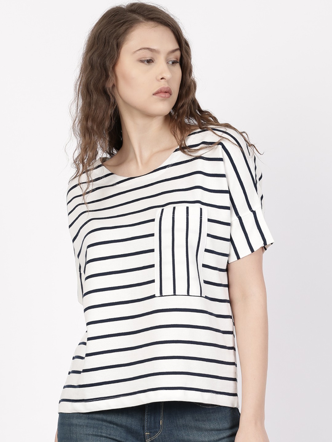 

ether Women White Navy Striped Round Neck Extended Sleeve Chest Pocket Pure Cotton T-shirt