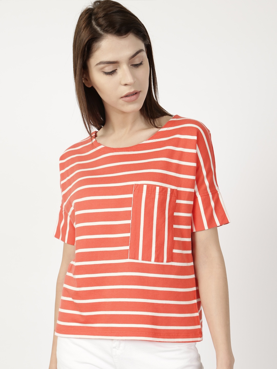 

ether Women Coral & White Striped Round Neck Extended Sleeve Chest Pocket T-shirt