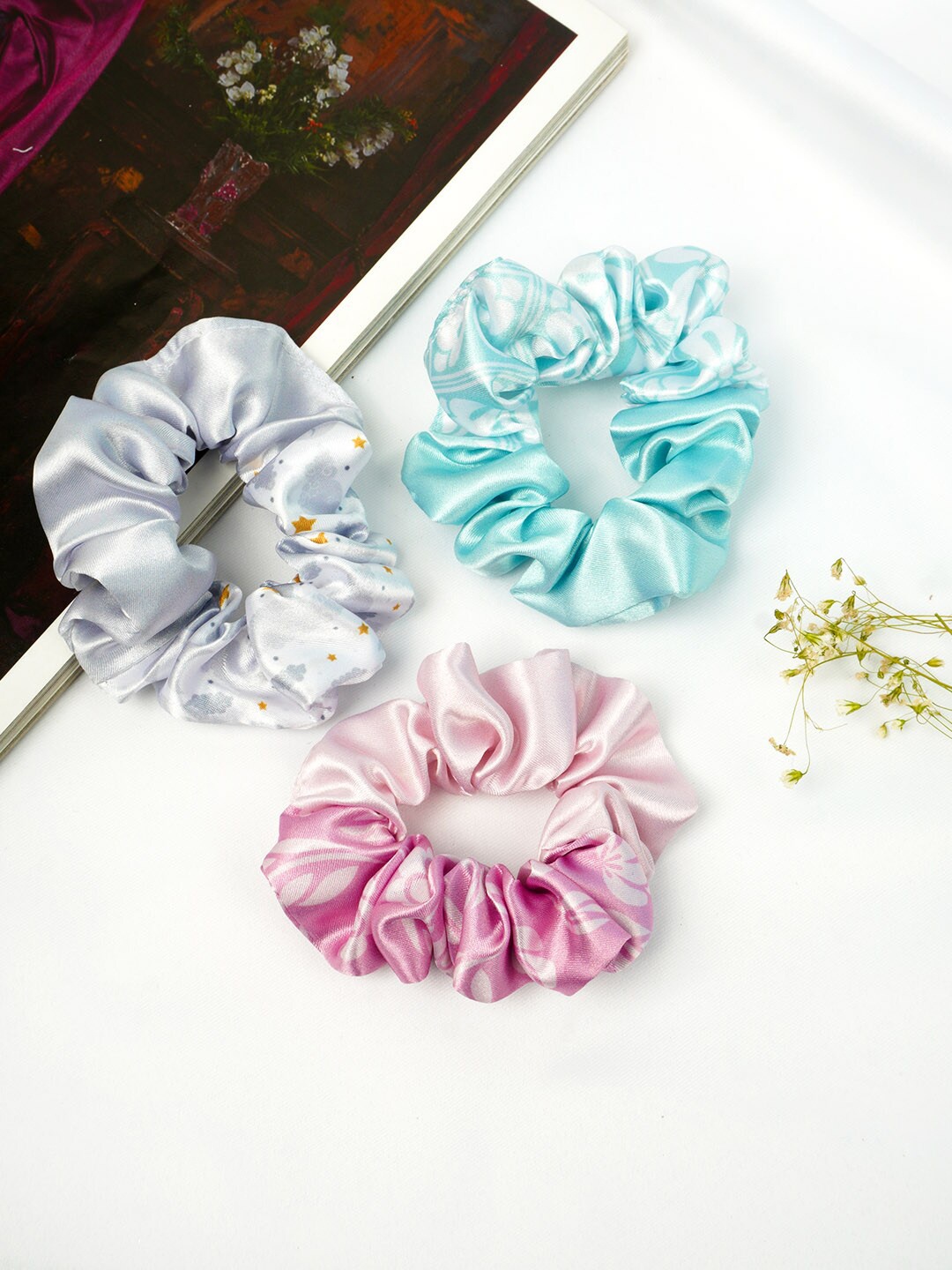 

Ferosh Women Blue & Grey Set of 3 Satin Scrunchies