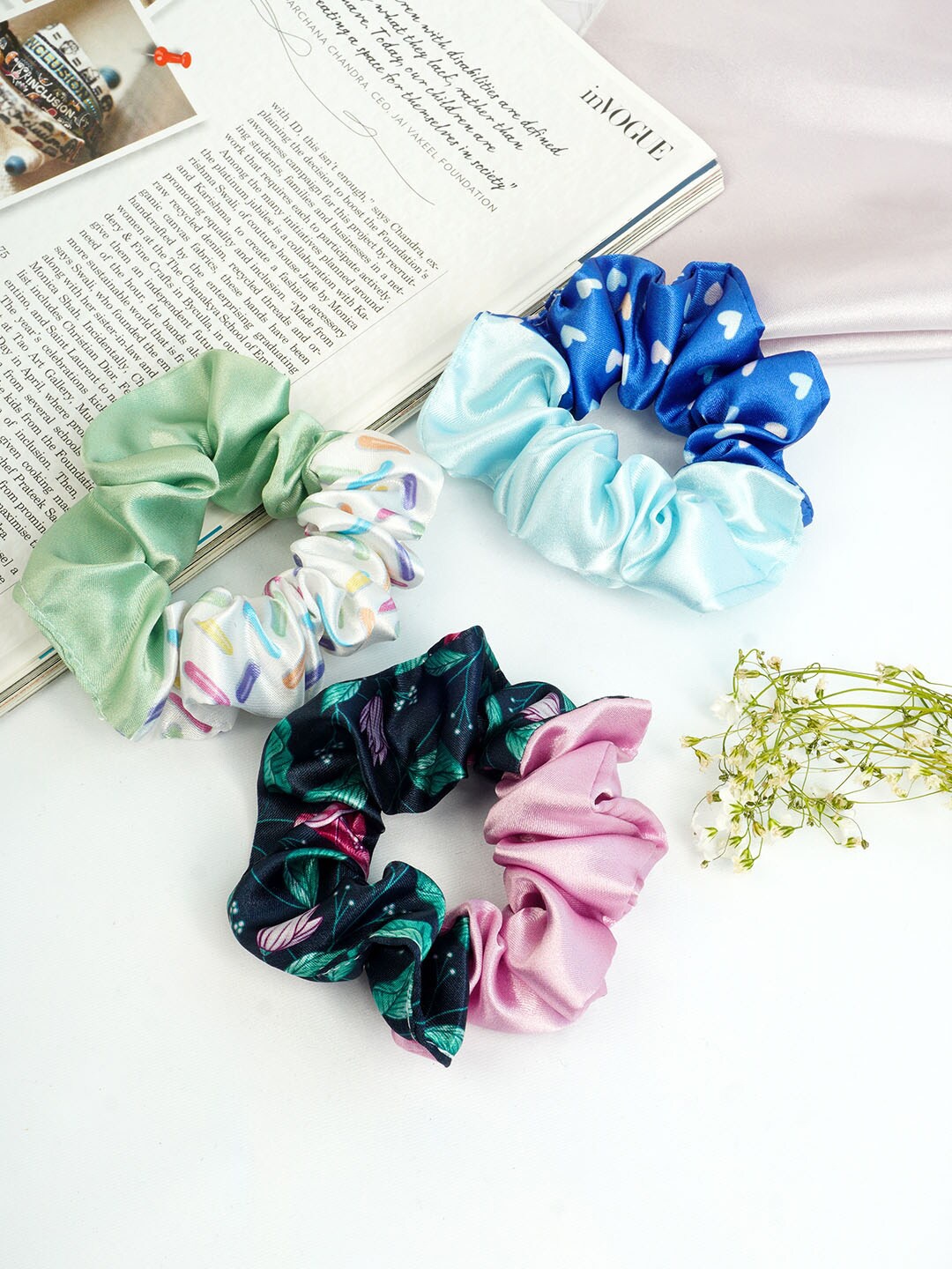 

Ferosh Women Set of 3 Leafy Satin Scrunchies, Multi