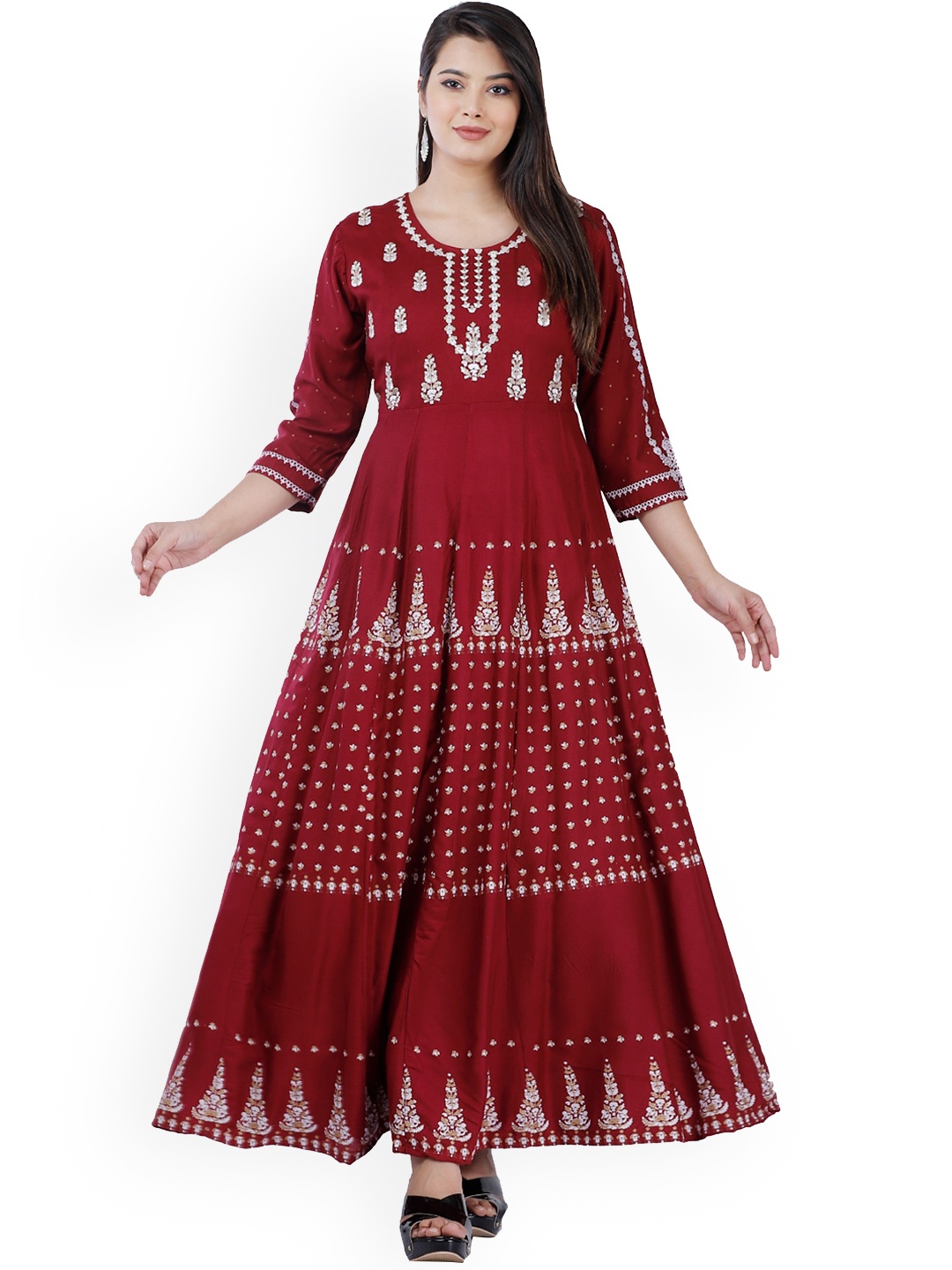 

KALINI Women Maroon Ethnic Motifs Printed Thread Work Anarkali Kurta