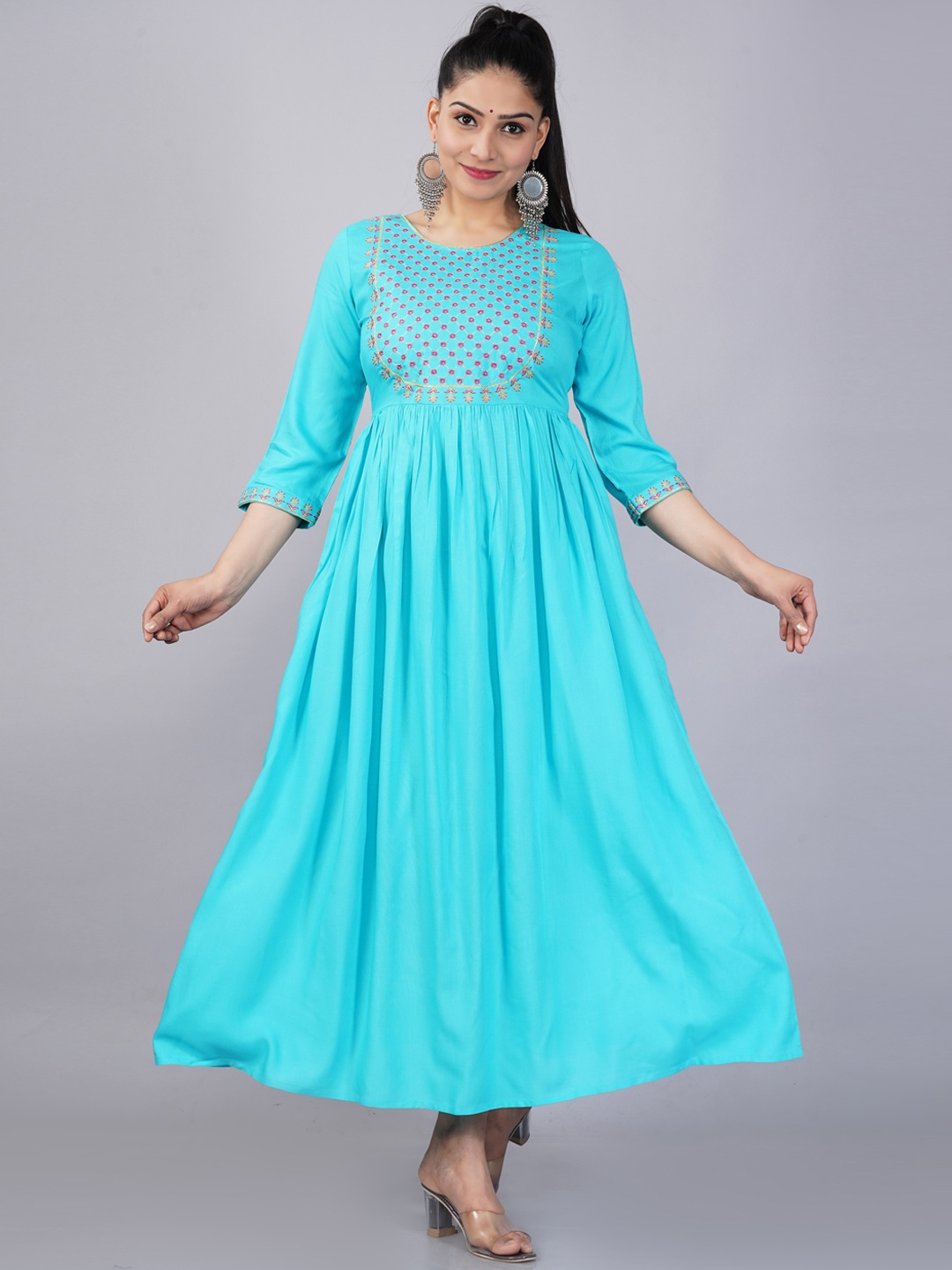 

KALINI Women Turquoise Blue Yoke Design Thread Work A-line Kurta