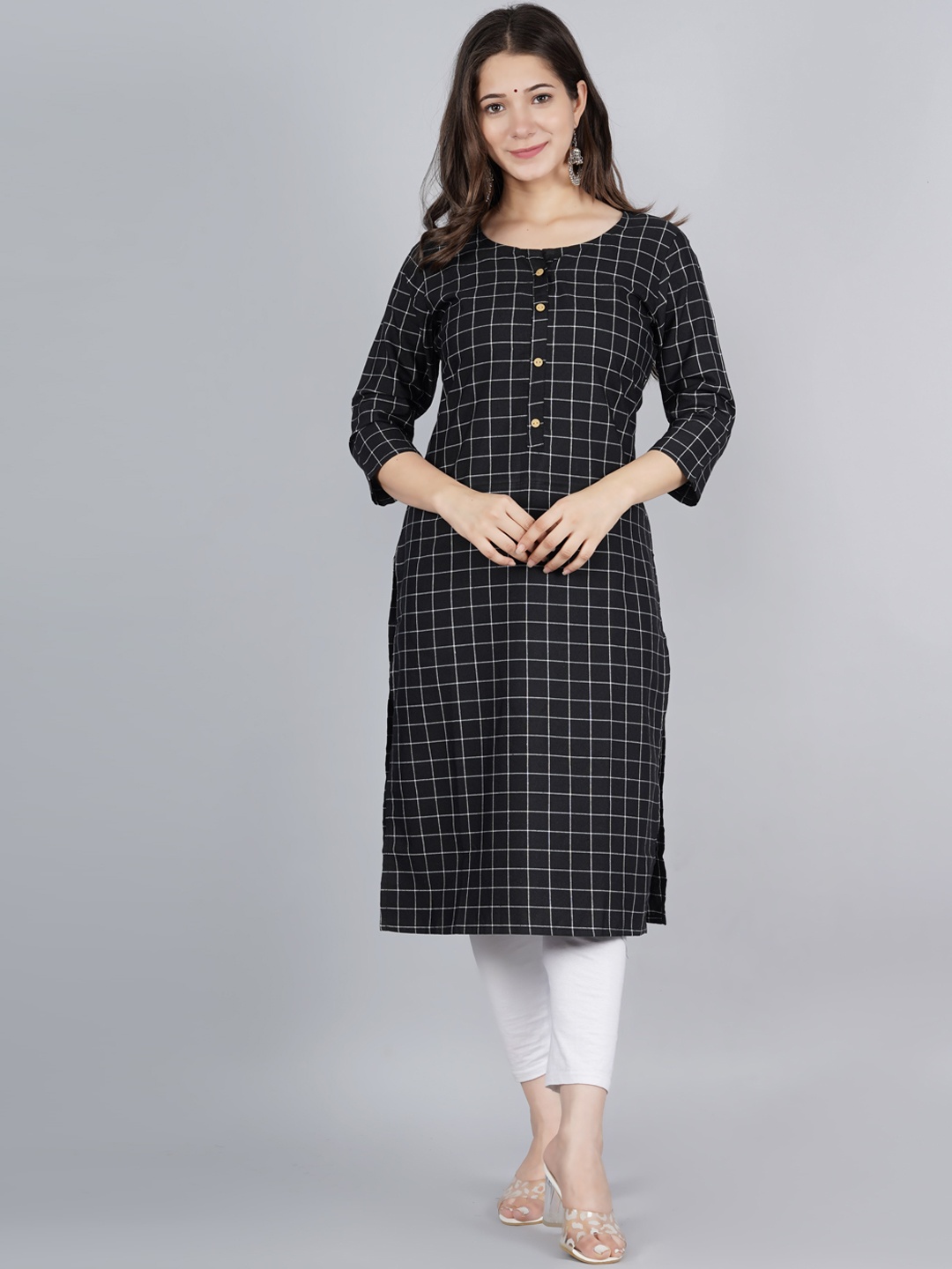 

KALINI Women Black & White Checked Cotton Straight Kurta