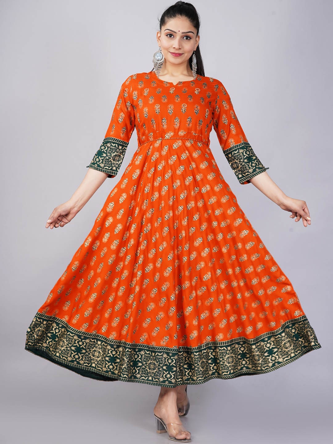 

KALINI Orange Ethnic Motifs Ethnic Anarkali Maxi Dress