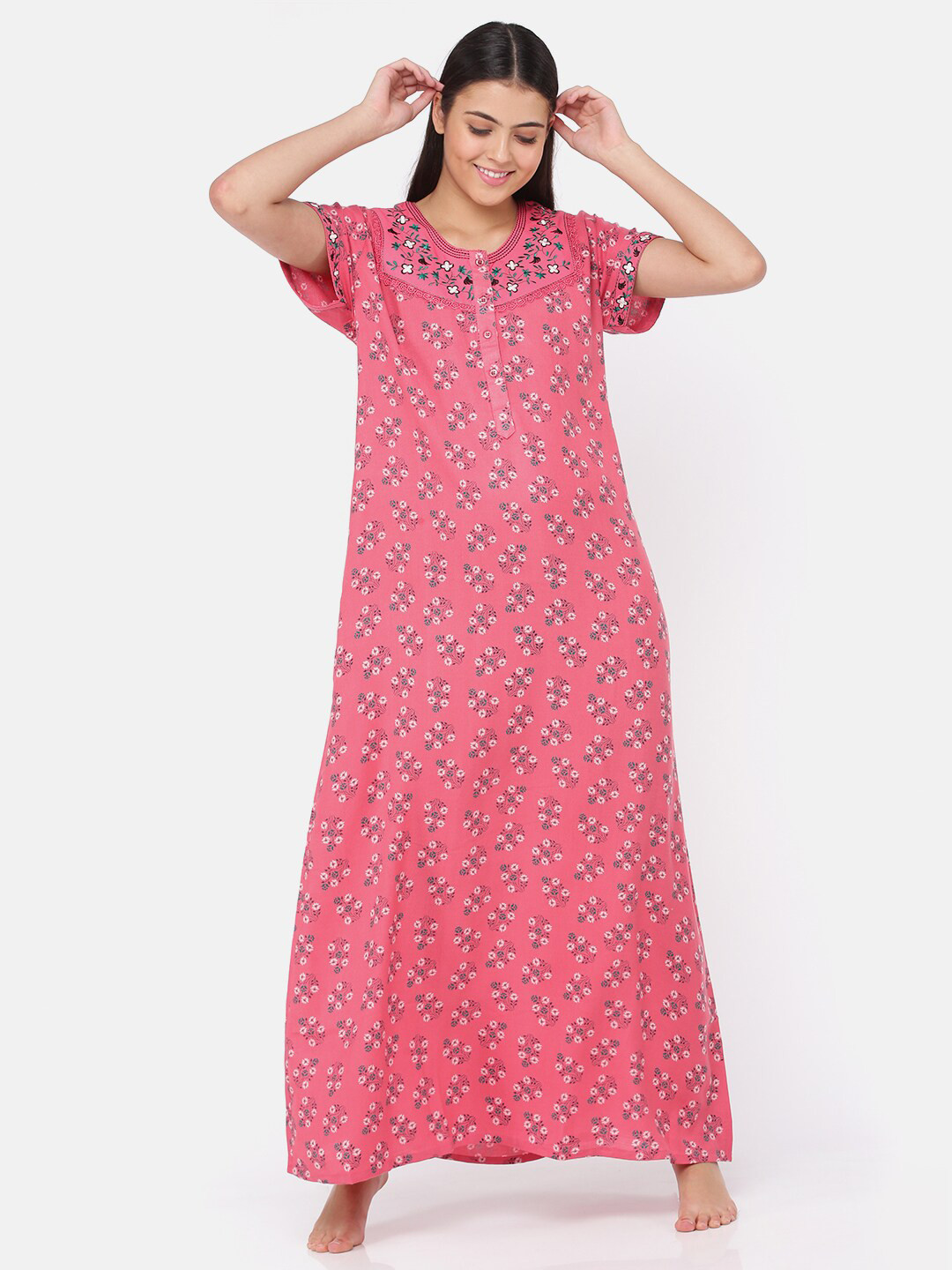 

9shines Label Women Pink Printed Maxi Nightdress