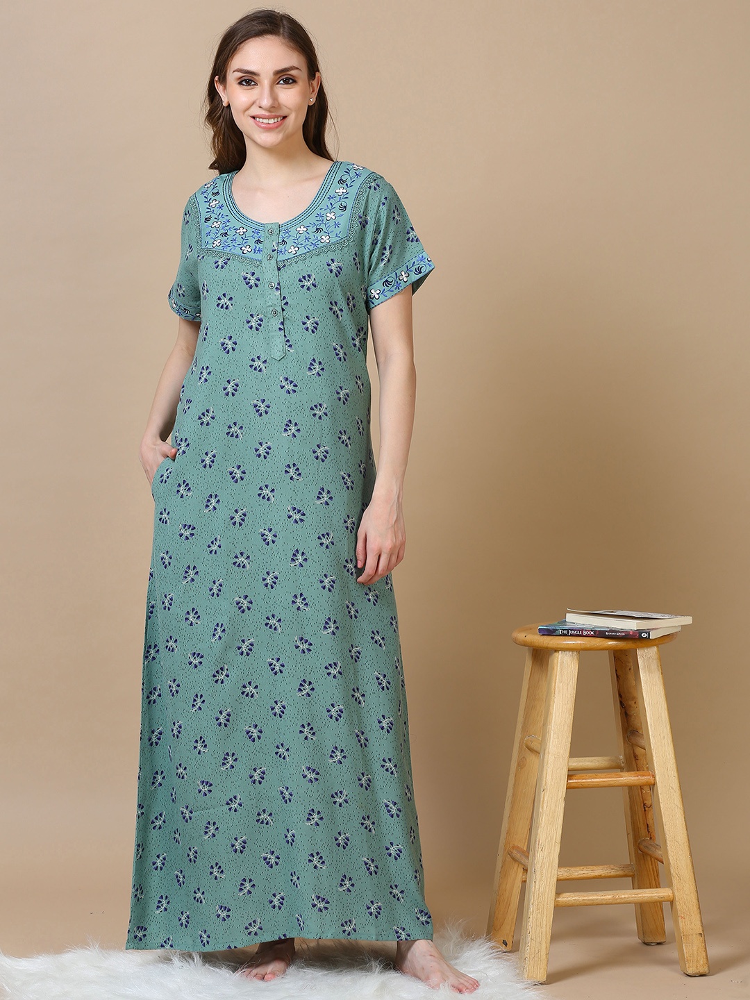 

9shines Label Mint Green Printed Maxi Nightdress