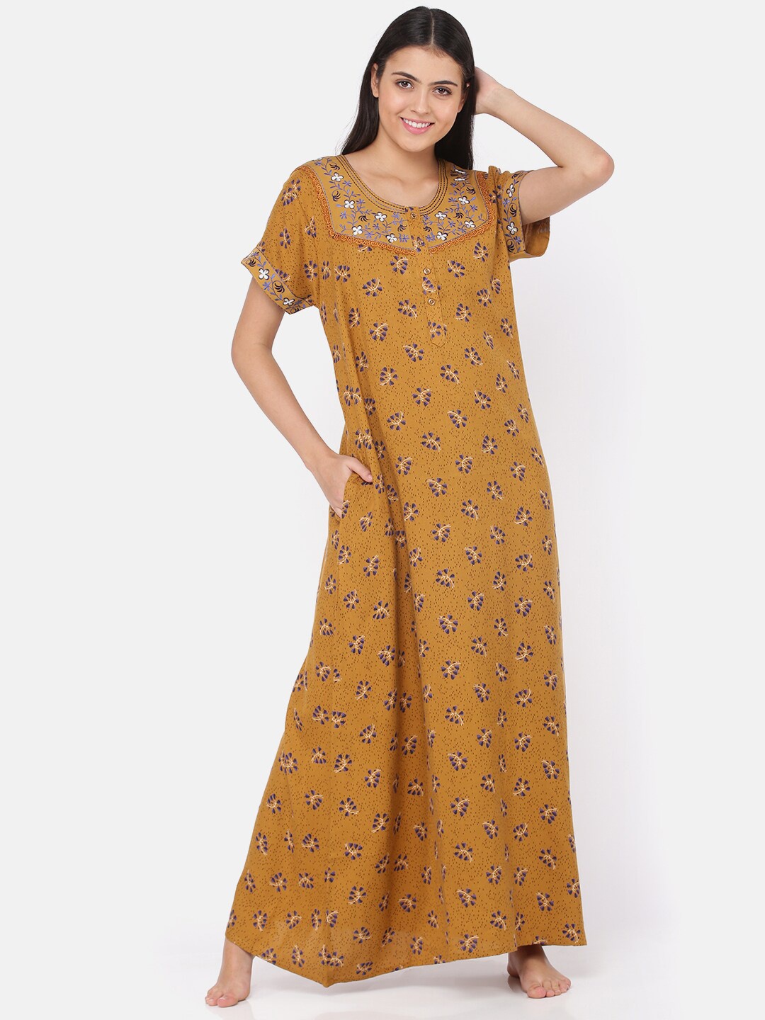 

9shines Label Yellow & Black Printed Maxi Nightdress