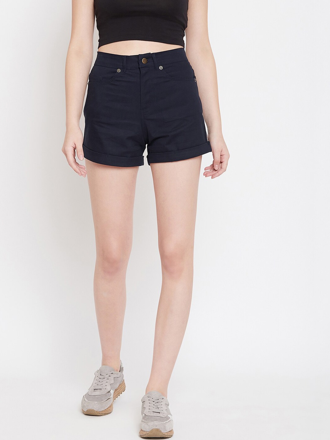 

Hypernation Women Navy Blue Slim Fit Solid Cotton Shorts