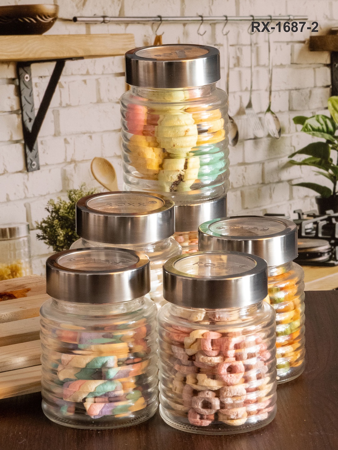 

Roxx Set Of 6 Transparent & Silver-Toned Textured Glass Milo Storage Jar With Lid