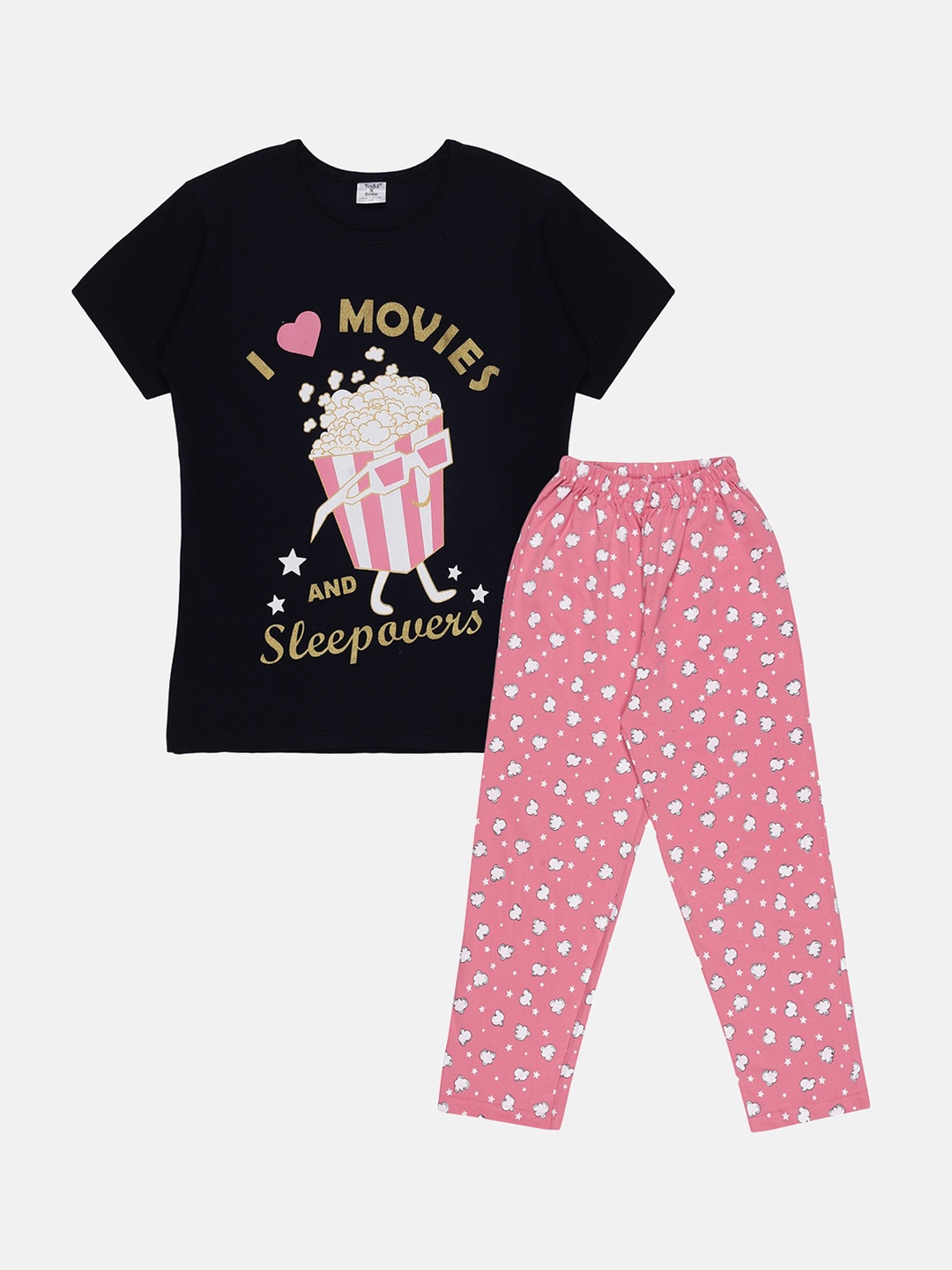 

Todd N Teen Girls Navy Blue & Pink Printed Night Suit