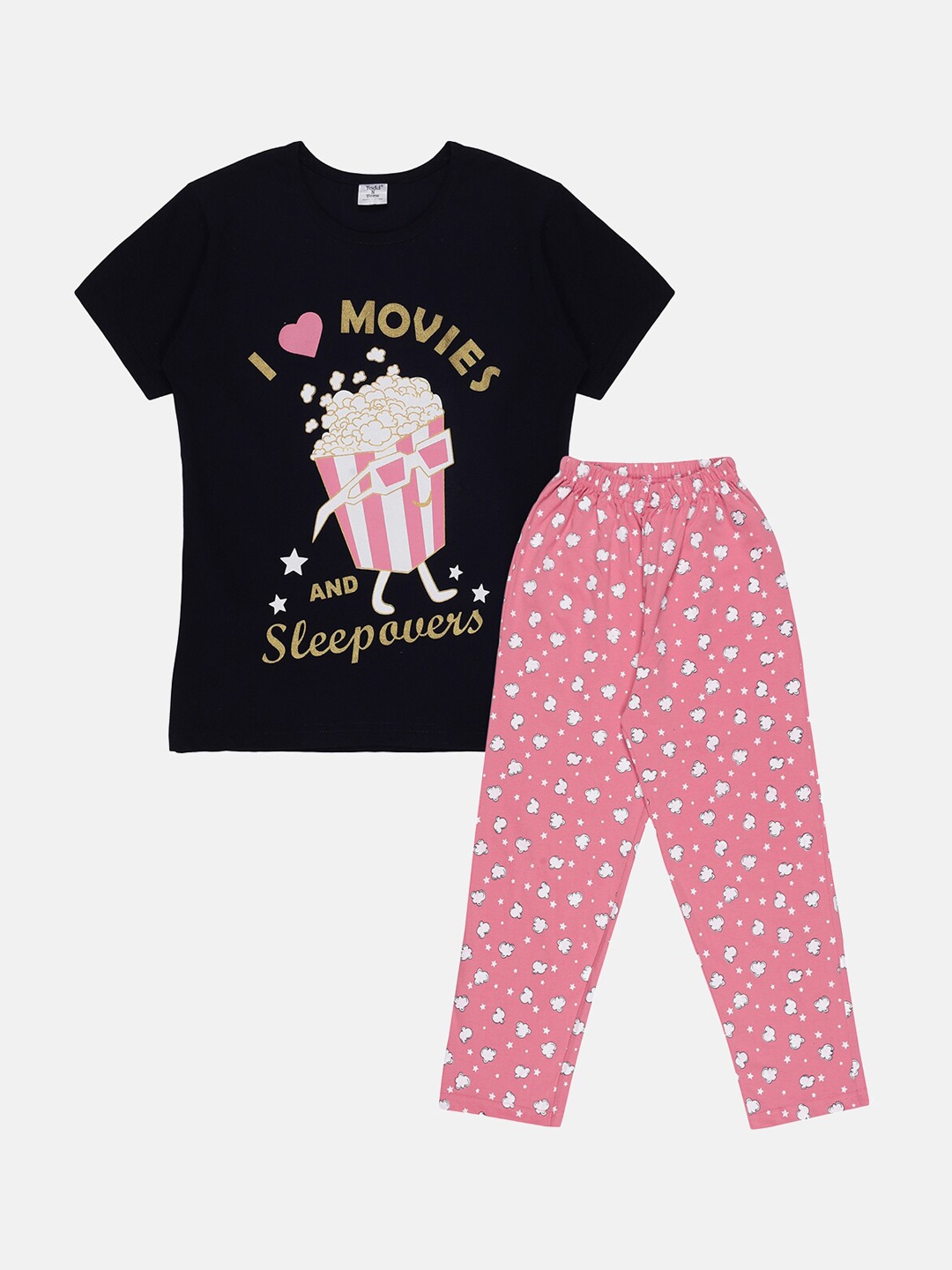 

Todd N Teen Girls Navy Blue & Pink Pure Cotton Printed Night suit