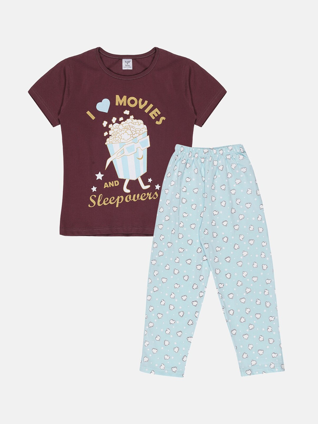 

Todd N Teen Girls Maroon & Blue Pure Cotton Printed Night suit