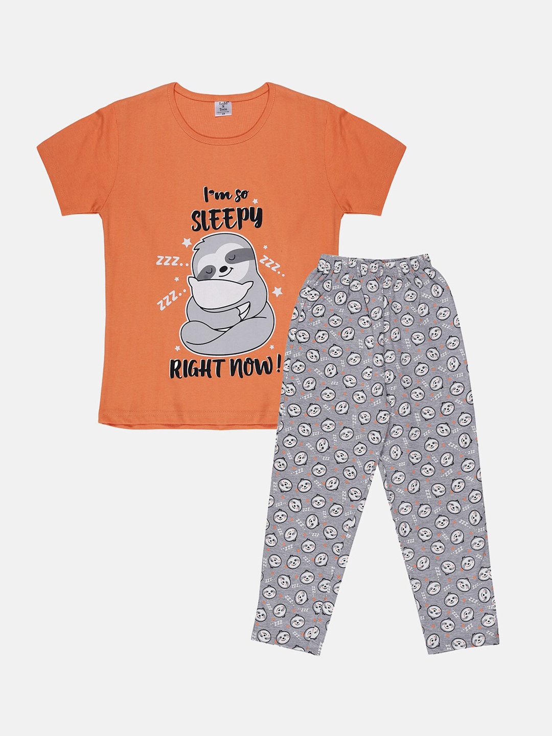 

Todd N Teen Girls Orange & Grey Printed Pure Cotton Night suit