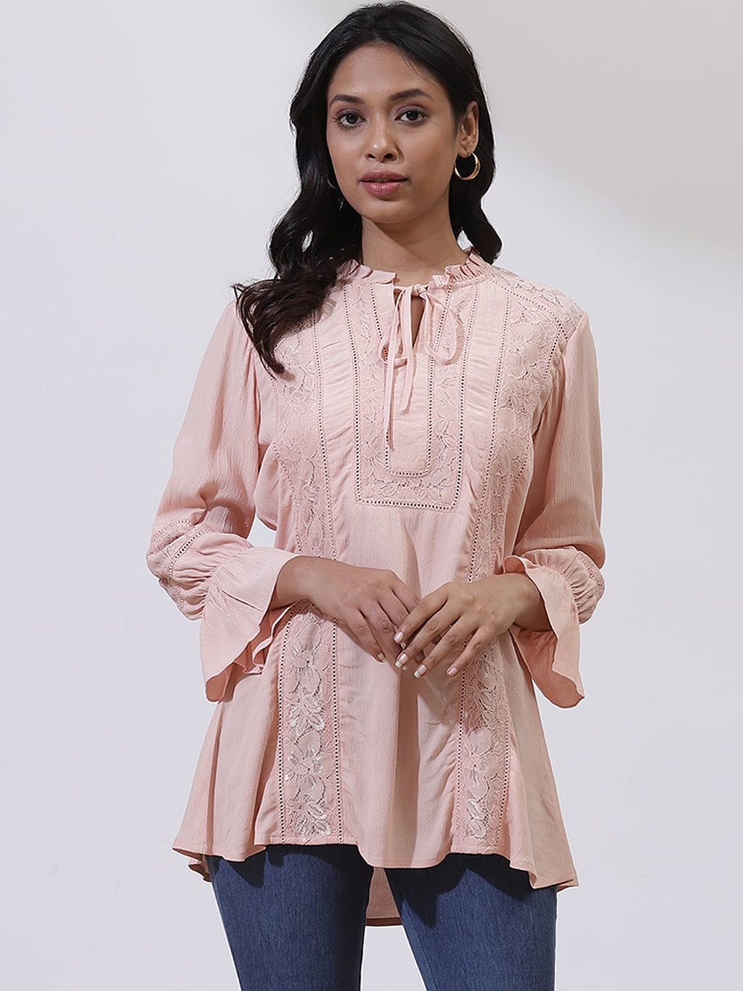 

Lakshita Peach-Coloured Tie-Up Neck Cotton Lace Inserted High-Low Top