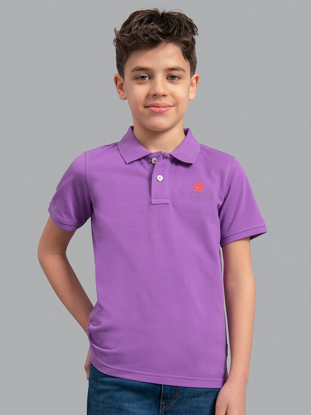 

Beverly Hills Polo Club Boys Purple Solid Polo Collar Cotton T-shirt