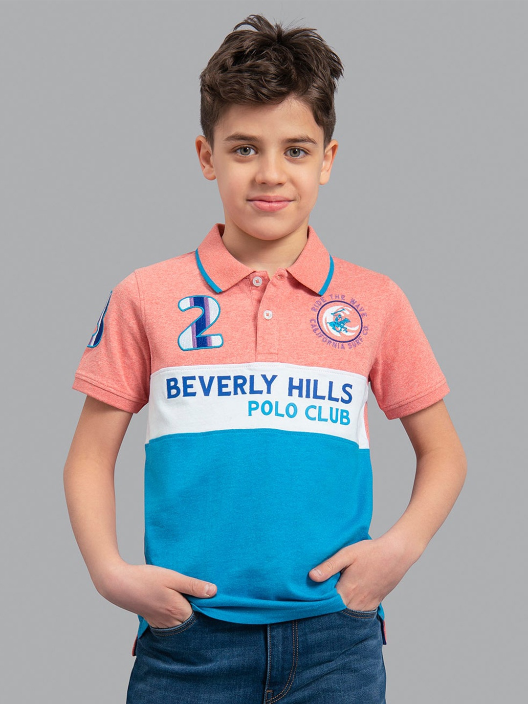 Beverly Hills Polo Club Boys Red & Blue Typography Polo Collar T-shirt
