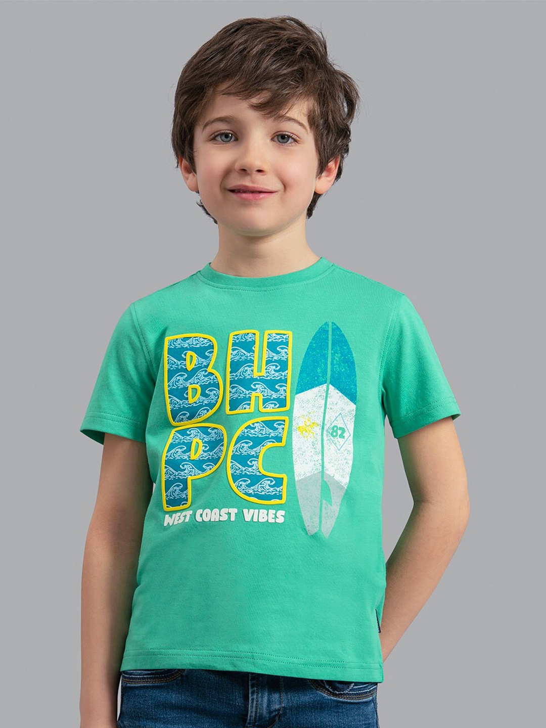 

Beverly Hills Polo Club Boys Green Typography Printed Applique T-shirt