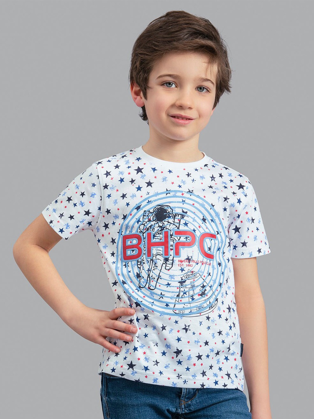 

Beverly Hills Polo Club Boys White & Navy Blue Printed T-shirt