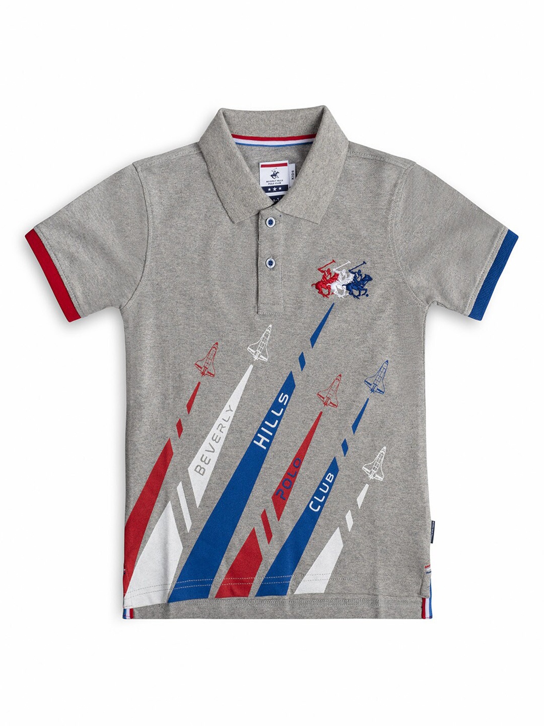 

Beverly Hills Polo Club Boys Grey & Blue Typography Printed Cotton Polo Collar T-shirt