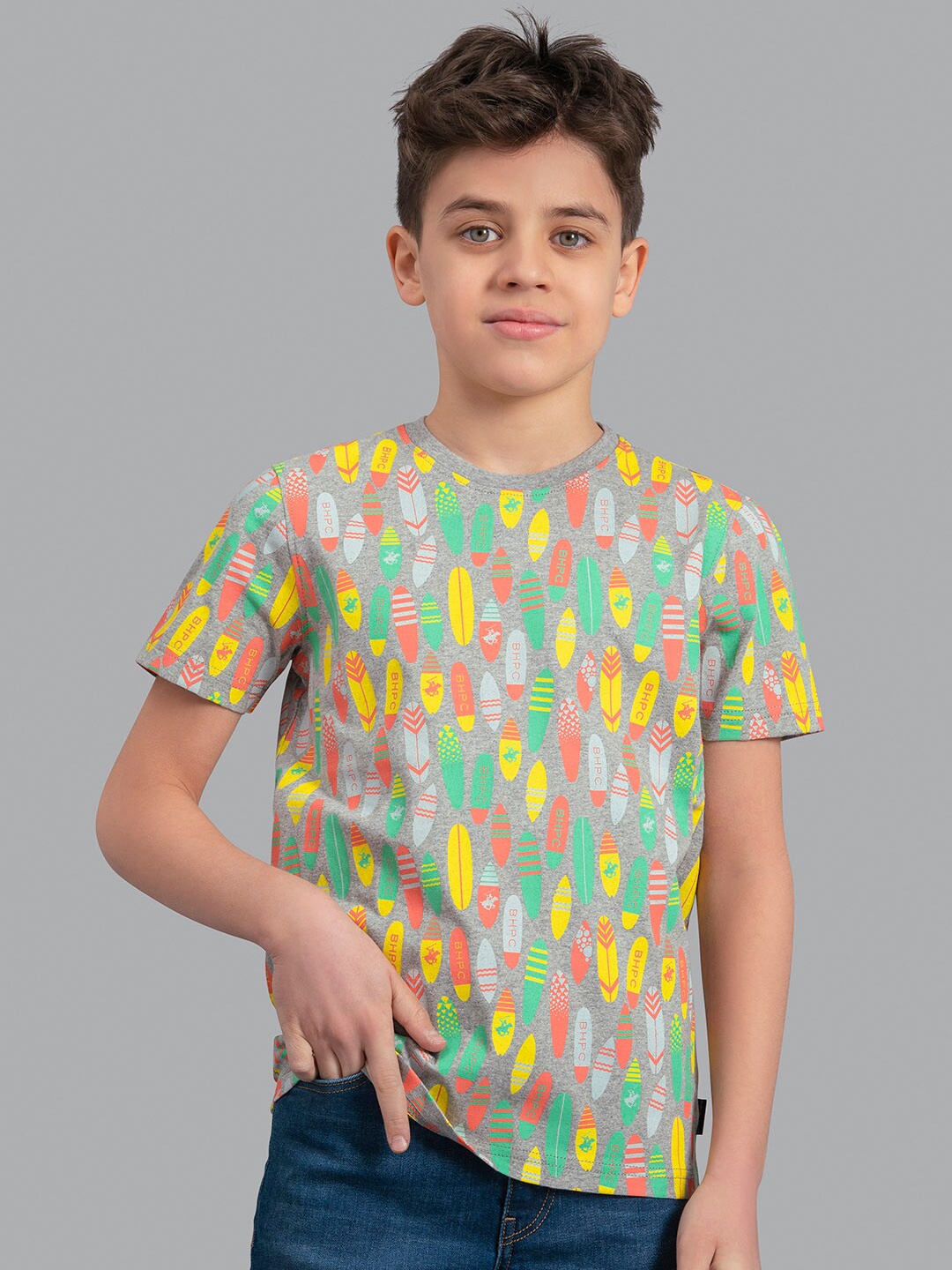 

Beverly Hills Polo Club Boys Grey & Yellow Printed T-shirt