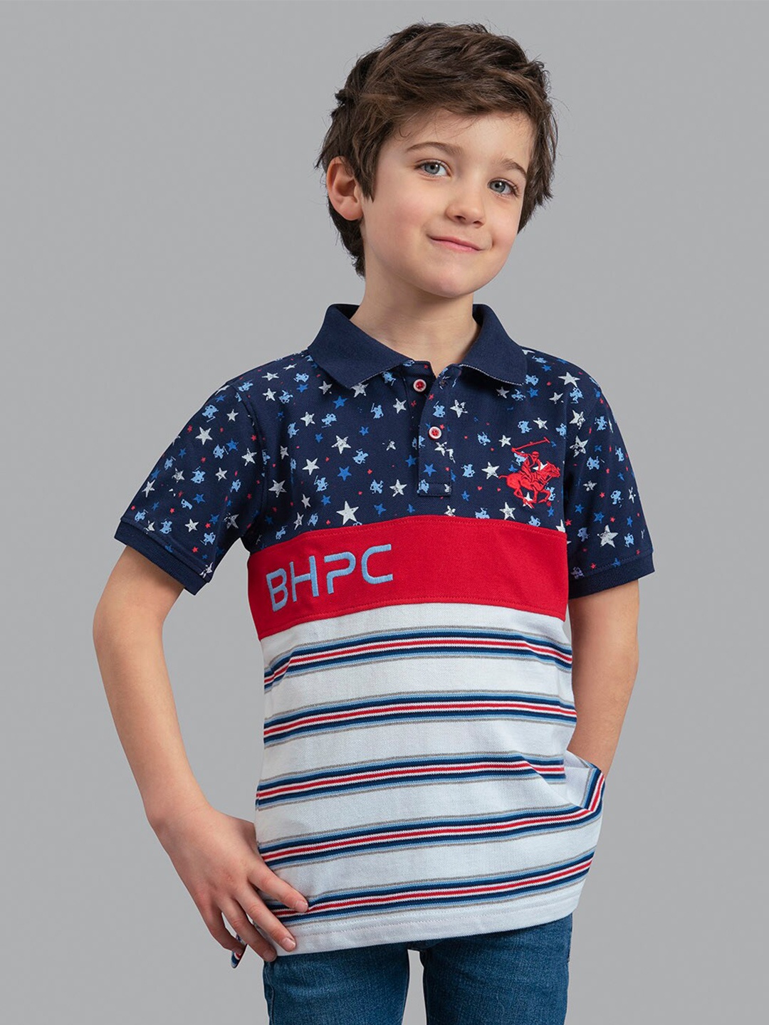 

Beverly Hills Polo Club Boys Navy Blue Printed Polo Collar Cotton T-shirt