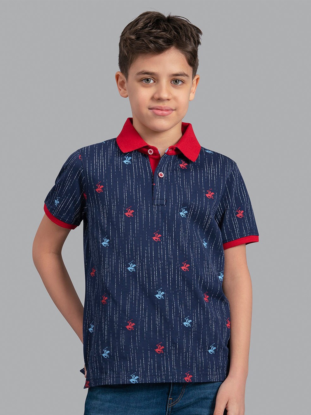 

Beverly Hills Polo Club Boys Navy Blue & Red Printed Cotton Polo Collar T-shirt