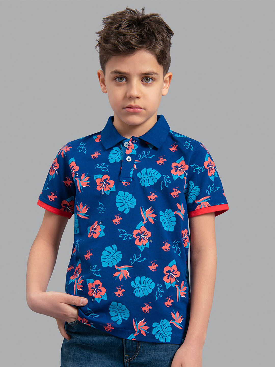 

Beverly Hills Polo Club Boys Blue Floral Printed Polo Collar Cotton T-shirt
