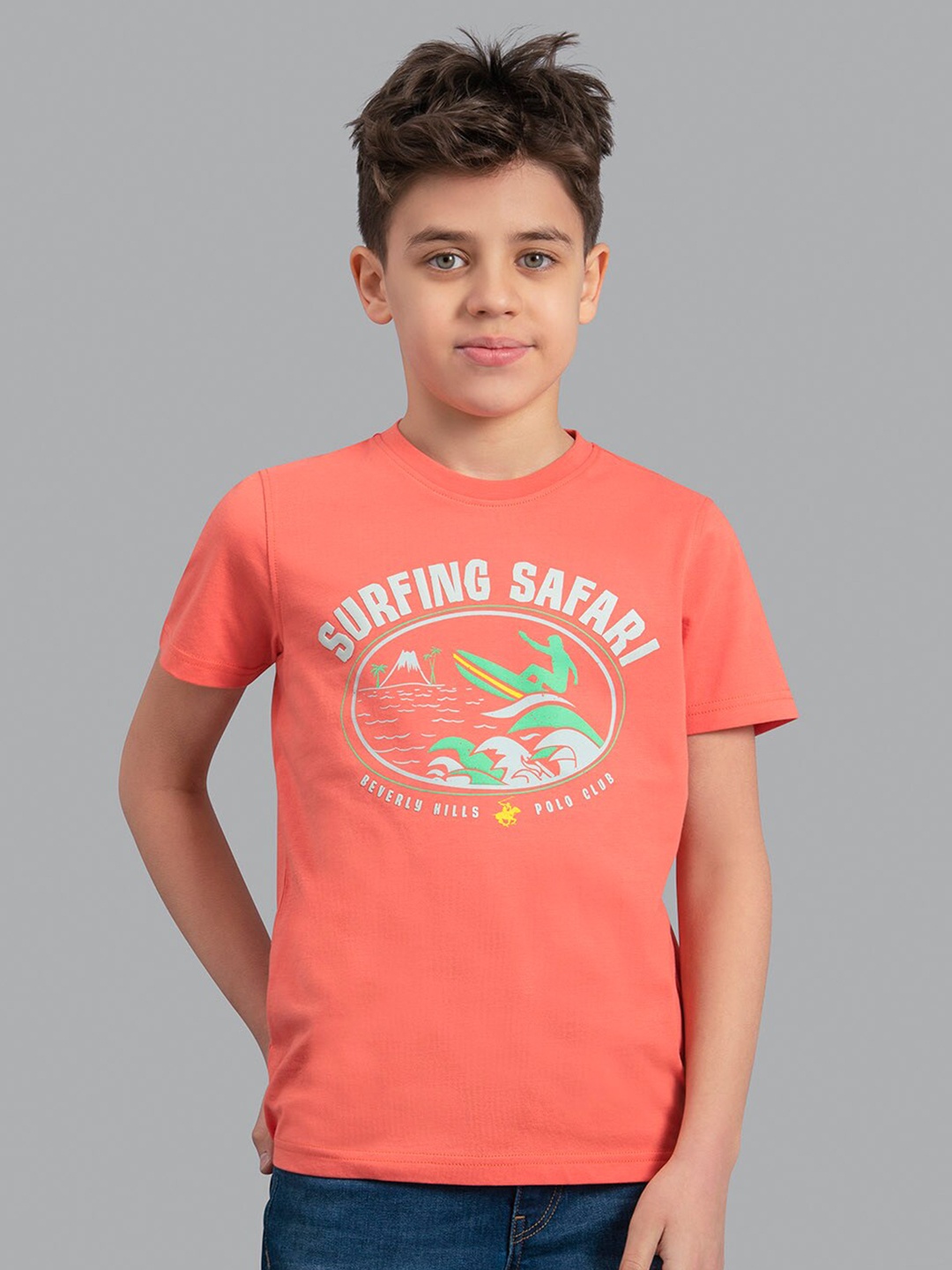 Beverly Hills Polo Club Boys Coral Printed Cotton T-shirt