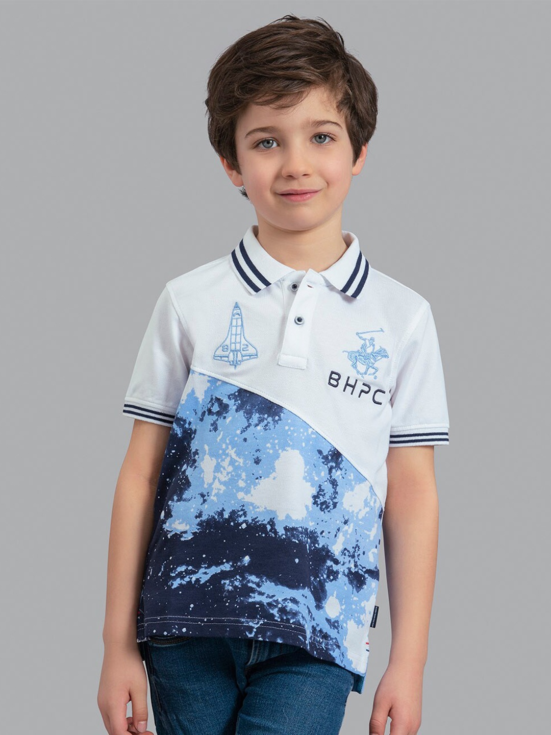 

Beverly Hills Polo Club Boys White & Blue Printed Polo Collar T-shirt