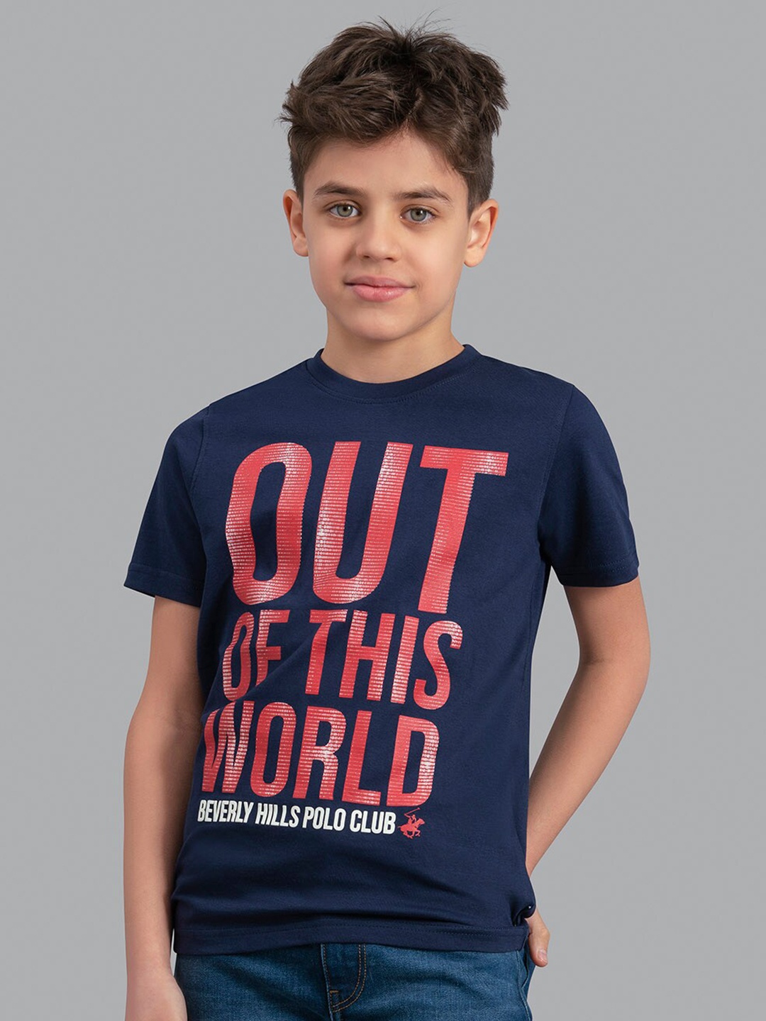 

Beverly Hills Polo Club Boys Navy Blue Typography Printed Cotton T-shirt