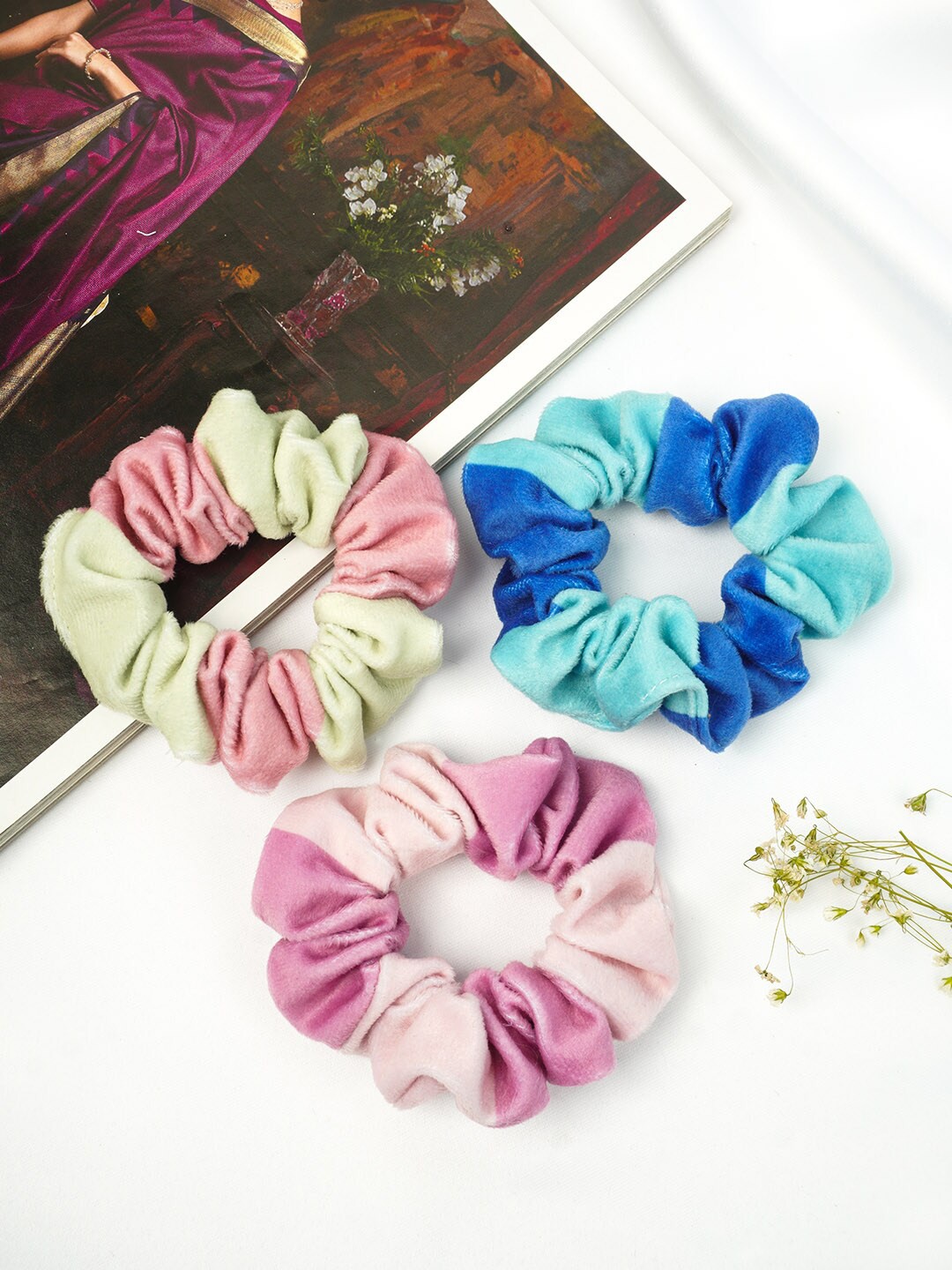 

Ferosh Women Set of 3 Blue & Green Scrunchies