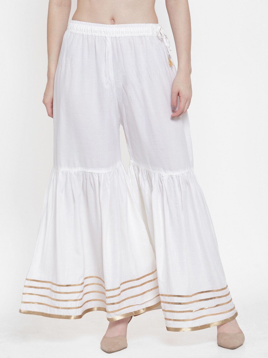 

TAG 7 Women White Hem Design Flared Ethnic Palazzos