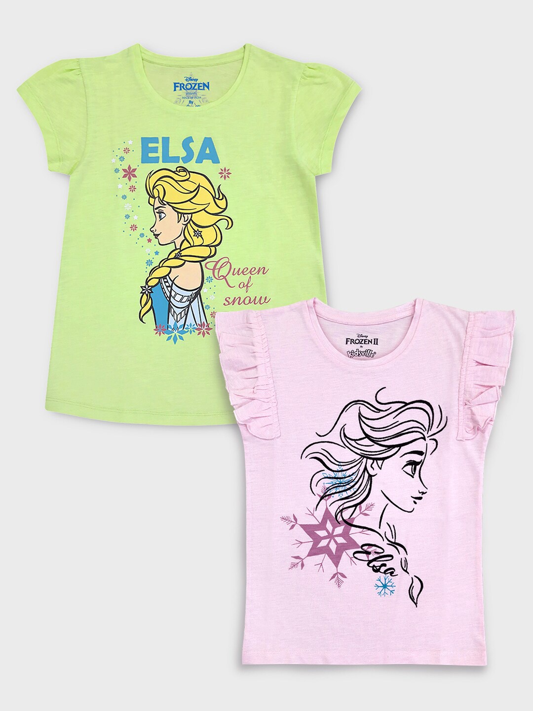 

Kids Ville Girls Pink & Green Pack of 2 Frozen Printed T-shirt