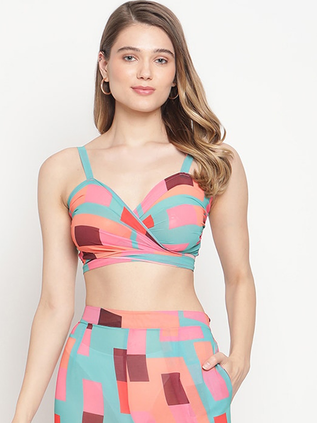 

EROTISSCH Women Blue & Peach Printed Swim Wear Tops