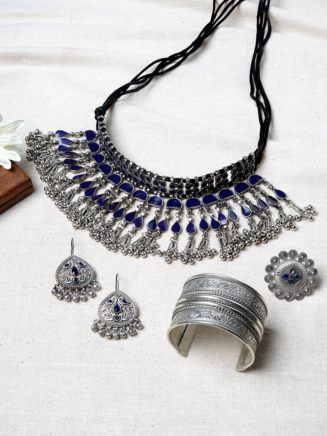 

TEEJH Oxidised Silver-Plated Blue Stone-Studded Jewellery Set