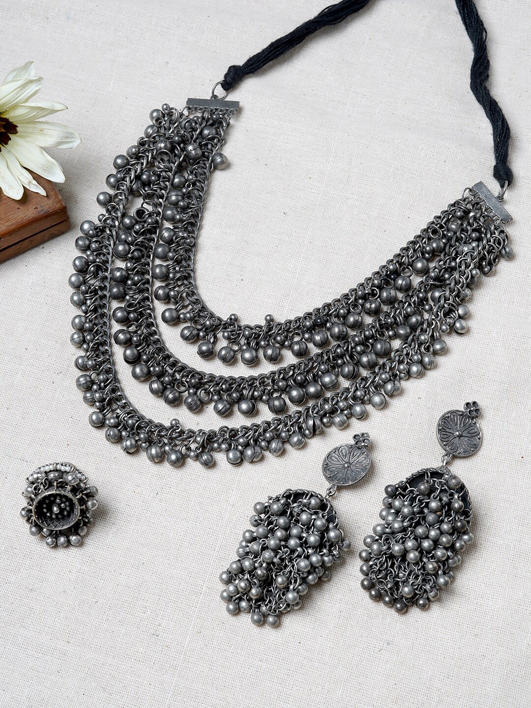 

TEEJH Oxidised Silver-Plated Ghungroo Beaded Jewellery Set