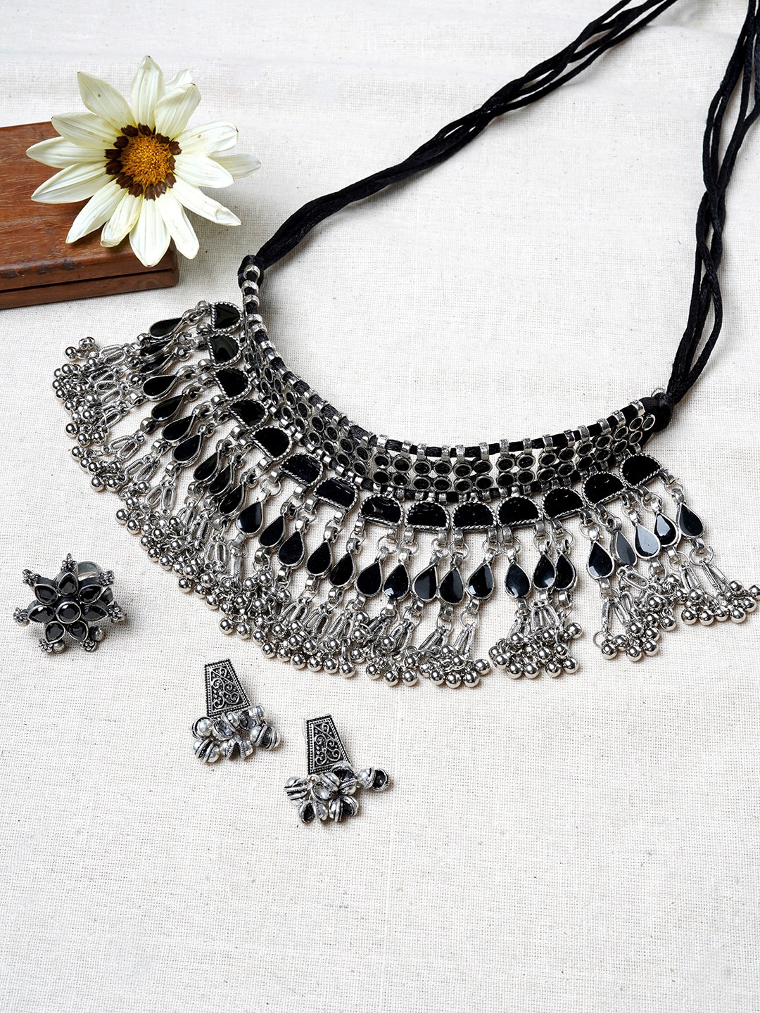 

TEEJH Oxidised Silver-Plated Black Stone Studded Jewellery Set