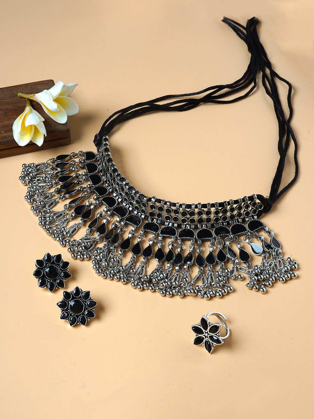 

TEEJH Oxidised Silver-Plated Black Stone-Studded Madhul Jewellery Set