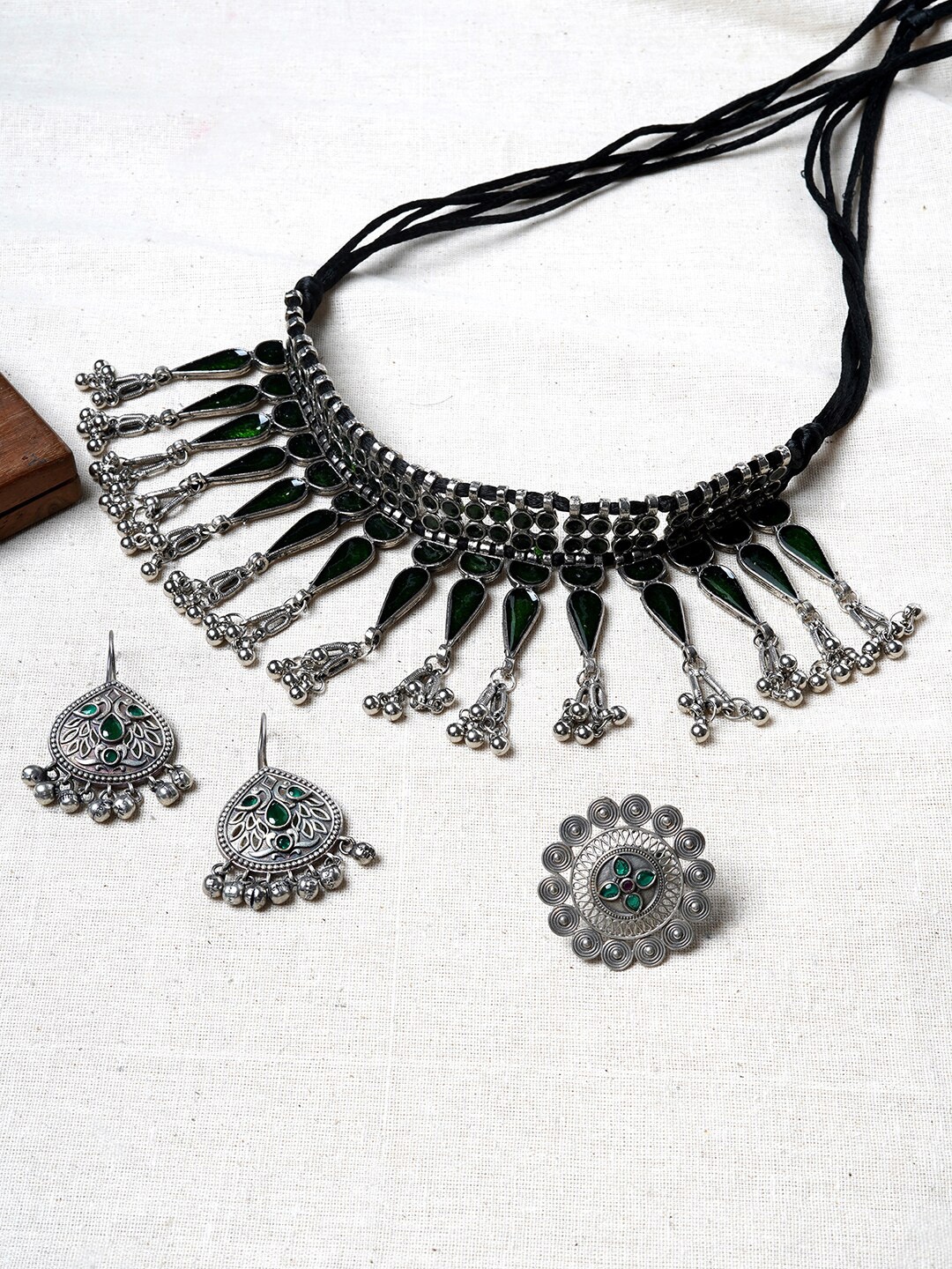 

TEEJH Oxidized Silver-Plated & Green Stone-Studded Jewellery Set