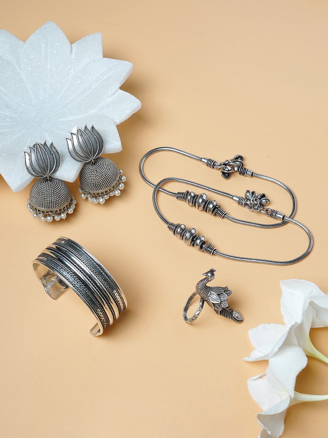 

TEEJH Silver-Plated Oxidised Nandana Jewellery Set