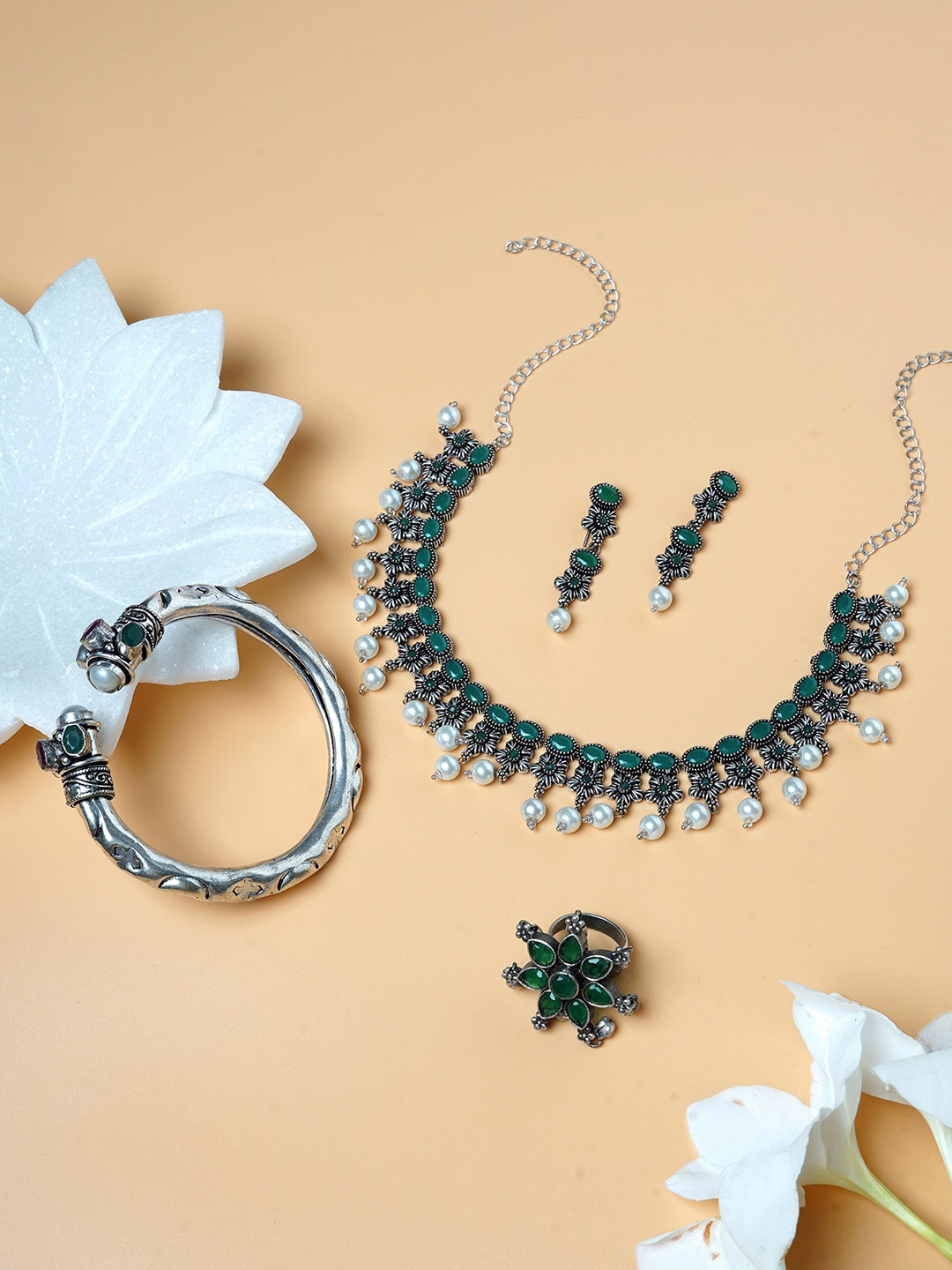 

TEEJH Oxidised Silver-Plated & Green Stone-Studded Papiha Jewellery Set