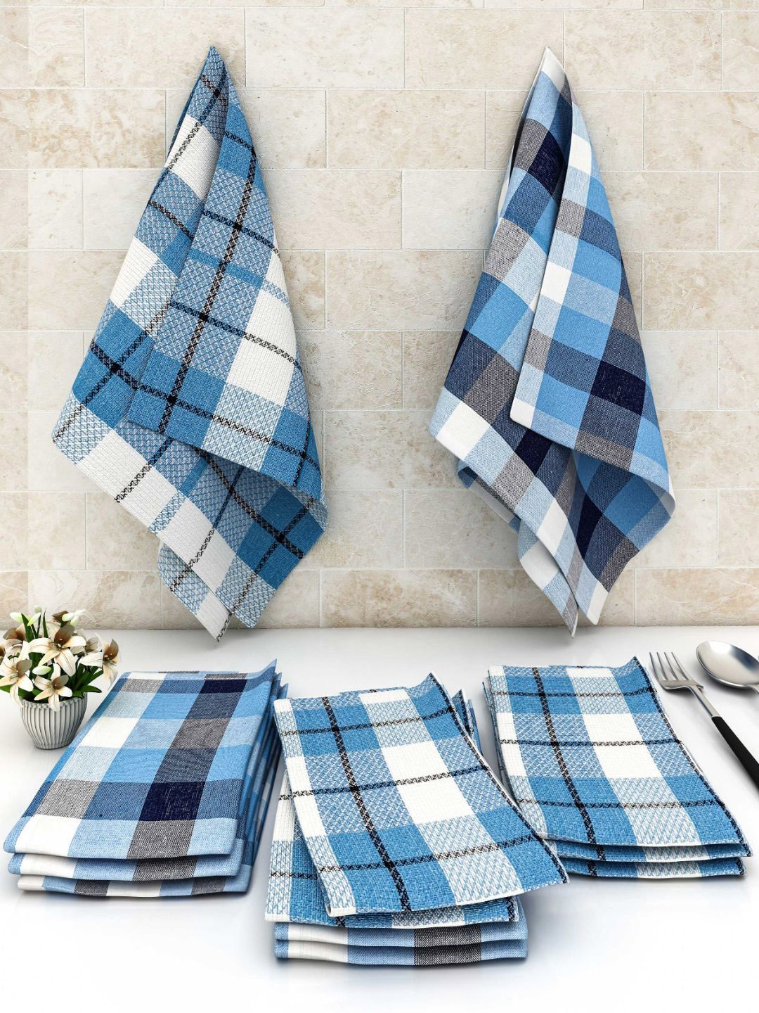 

Athom Trendz Set Of 12 Checked Cotton 245 GSM Kitchen Towels, Blue