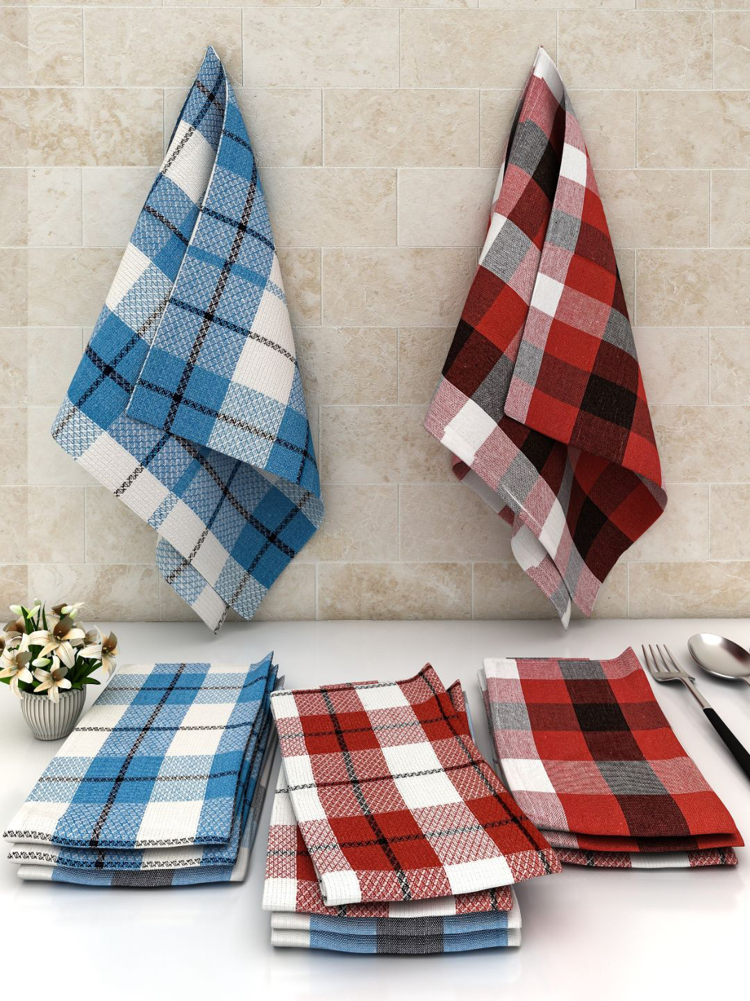 

Athom Trendz Set Of 12 Checked Cotton 245 GSM Kitchen Towels, Red