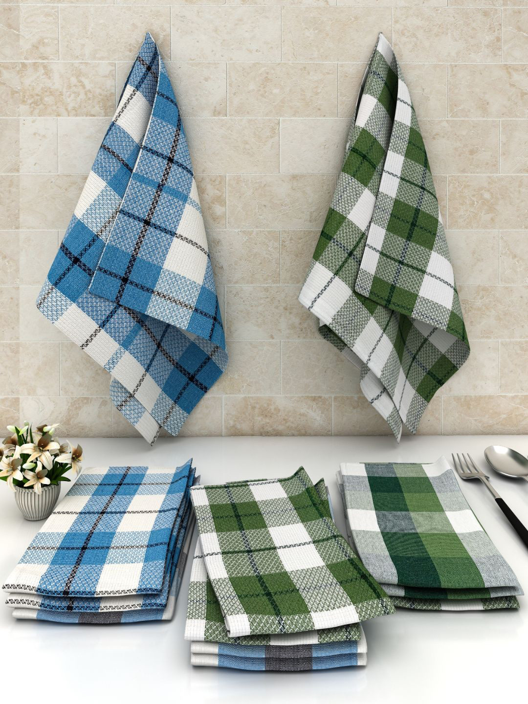 

Athom Trendz Set Of 12 Checked Cotton Multipurpose Kitchen Towels, Green