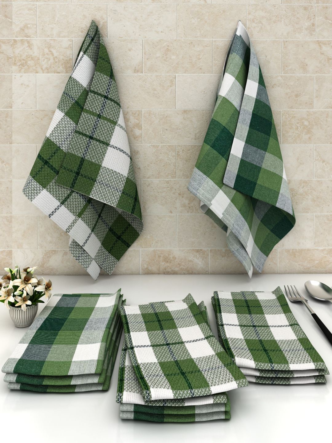 

Athom Trendz Set Of 12 Green & White Checked Pure Cotton Kitchen Towels