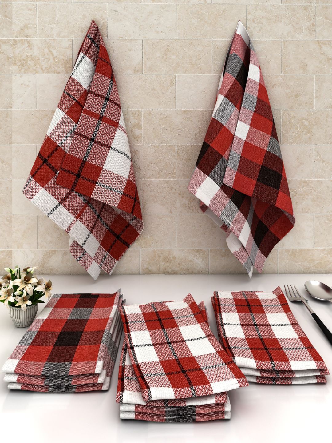 

Athom Trendz Set Of 12 Checked Cotton Multipurpose Kitchen Towels, Red
