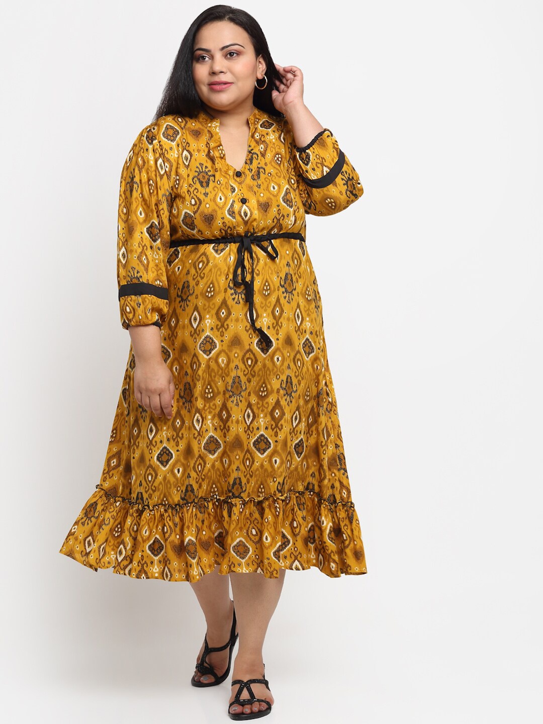 

sindrellastorie Plus Size Women Mustard Yellow & Brown Midi Dress