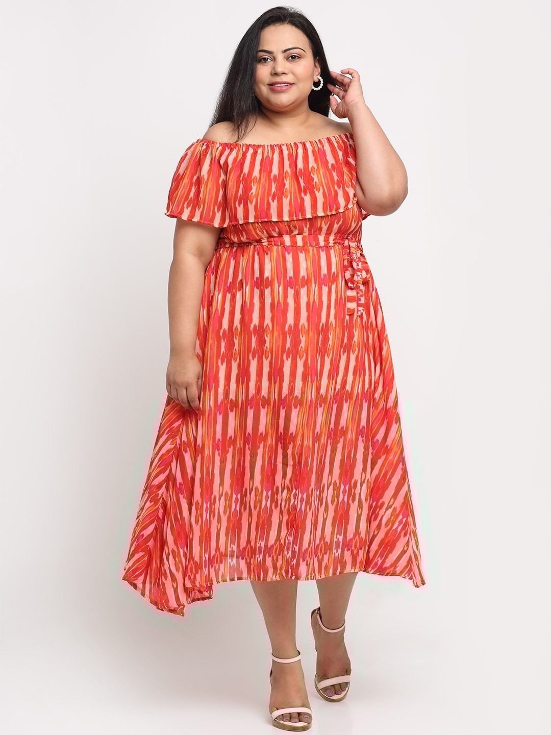 

sindrellastorie Plus Size Women Orange & Yellow Off-Shoulder Printed Midi Dress