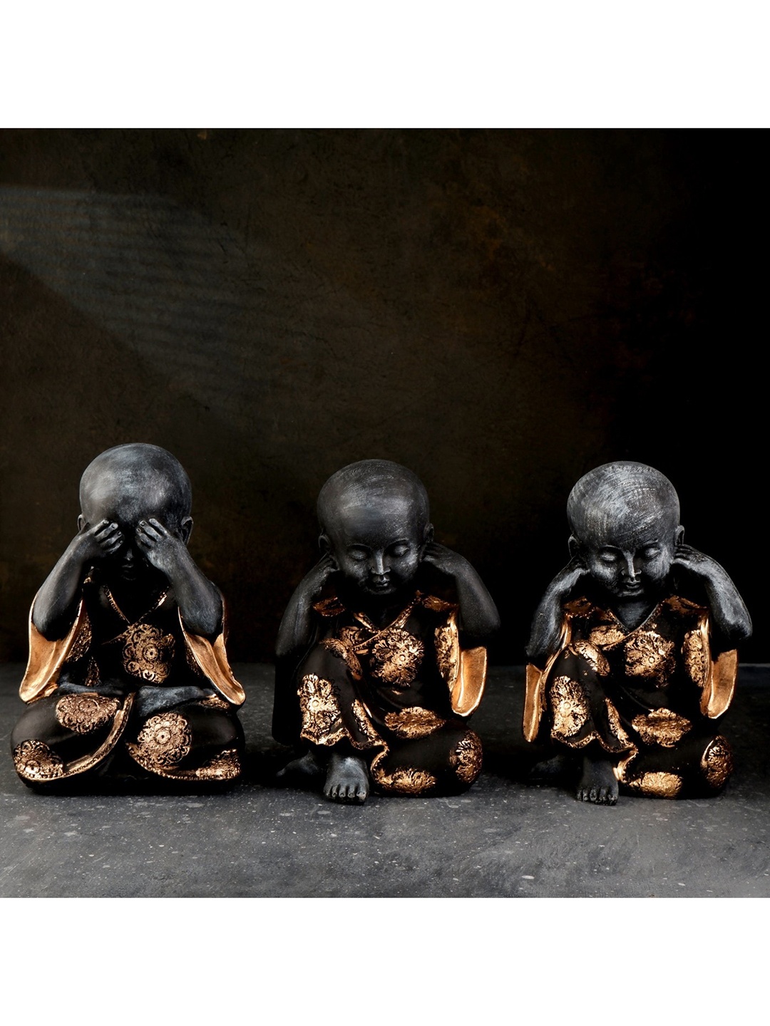 THE WHITE INK DECOR Set of 3 Black & Brown Monk Figurines