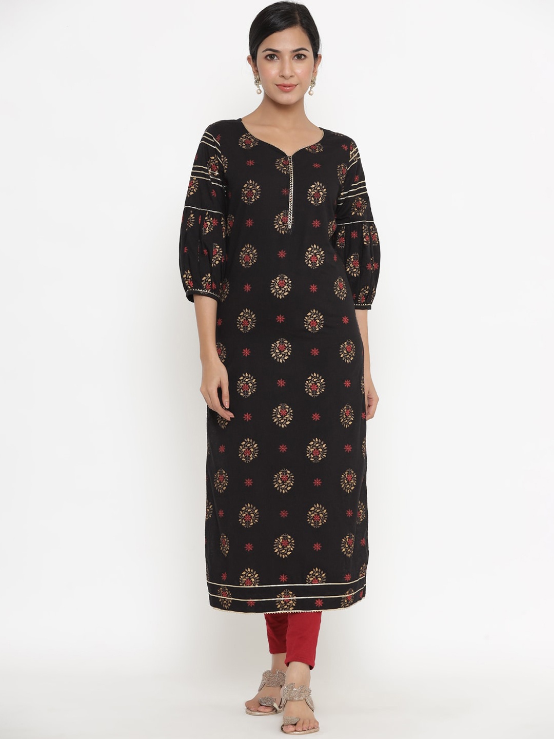 

Indian Virasat Women Black Ethnic Motifs Printed Thread Work Kurta